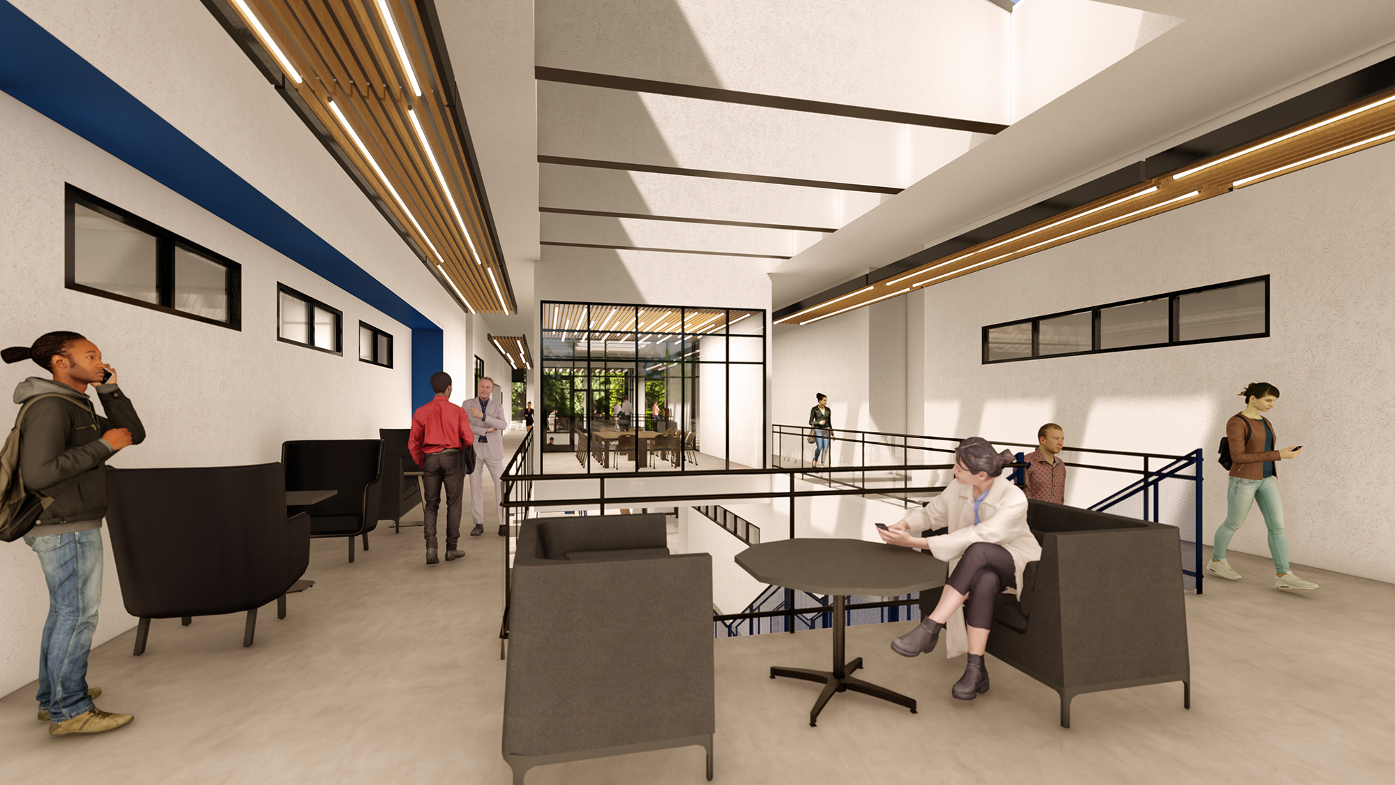 Rendering of Treasure Valley Community College Nursing Center commons area and stairway with students