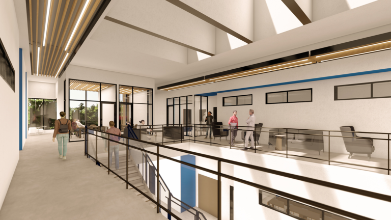 Rendering of college commons area and stairway with students